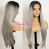 Ombre Grey Two Tone Color Top Grade Natural Straight High Density Heat Resistant Fiber Glueless Synthetic Lace Front Wigs For Black Women