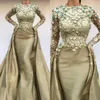 Dresses Prom Gold Long Sleeves Overskirt D Floral Applique Handmade Flowers Satin Mermaid Custom Made Evening Party Gowns Formal Wear