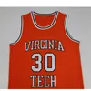 Mens Vintage Dell Curry 30 Virginia Tech Hokies College 농구 유니폼 오렌지 NCAA 스티치 셔츠 S-XXL