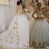 New Ball Gown Arabic Lace Long Sleeves Wedding Dresses Dubai Scoop Neck Gold Applique Beaded Plus Size Button Back Bridal Gowns Court Train