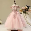 lace Flower Girl Bead Decoration Long Dress 2019 New Girl Ball Gown pageant Wedding Party Exchange Dress Ball Beauty Sexy Shoulder1633231