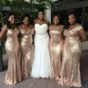 Sparkly Rose Gold Cheap 2020 Mermaid Bridesmaid Dresses Off-Shoulder Sequins Backless Plus Size Beach Wedding Clows Light Gold Cha273G