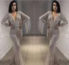 2019 Cheap Silver Sequins Prom Dress Plunging V Neck Long Sleeves Pageant Holidays Graduation Wear Evening Party Gown Custom Made Plus Size