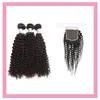 Naturalny kolor Brazylijskie przedłużanie włosów dziewiczych 3 pakiety z koronkowymi zamknięciem 4x4 Free Part Kinky Curly 4pcs Produkty włosów wątły z 4 na 4