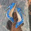 fashion women shoes blue python snake printed blue leather pointy toe stiletto stripper High heels Prom Evening pumps large size 44 12cm