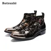 Batzuzhiイタリアンタイプ男性靴尖った金属つま先黒革AnkleブーツBotas Hombre Designerのパーティープロムブーツ男、US6-12