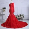 Red Long Sleeve Lace Mermaid Prom Dresses Adult 2020 Round Neckline See Though Back Sweep Train Evening Gowns Party Formal Dress Women Long