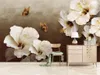 3d Wallpape European Nostalgic White Flowers, Colorful Butterflies Living Room Bedroom Background Wall Decoration Mural Wallpaper