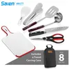 8pcs Backpacking Camping Cookware Keukengerei BBQ, Snijplank, Rijstpeddel, Tang, Schaar, Mes, Spork, Wijnopener