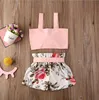 赤ちゃん服セット子供女の子ビッグフラワーレースアップトップフリルショーツスーツ子供夏のファッションサスペンダーベストボウカットパンツスーツAYP812