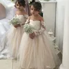 Elegancki Lovely Długie Rękawy Koronki Tulle Kwiat Dziewczyna Dress Kids Formalne Nosić Tulle Dziewczyny Korowód Sukienka Pełen Wśnieżone Urodziny