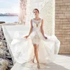 Chic Beach Wedding Dresses With Detachable Train Jewel Neck Sheer Back Lace Appliqued Short Bridal Gowns Custom Made Abiti Da Spos5282227