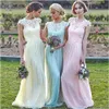 2020 Kant Chiffon Maid of Honour Jurken Real Image Plus Size Cap Mouw Roze Mint Daffidol Goedkope Strand Bruidsmeisje Partij Avondjurken