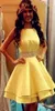 Sexy Yellow Prom Dresses Short Girls Satin Beaded Ribbon Cocktail Party Gowns Criss Cross Junior Graduation Gowns Homecoming