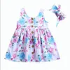 Småbarn barn baby designer tjej blommig tank klänning match pannband sommaren knapp ärmlös sundress spädbarn flicka kläder