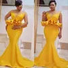 Heldere Gele Mermaid Prom Jurken Plus Size Satijnen Ruches Peplum Avondjurken Aso Ebi Sweep Trein Formele Party Dress2954