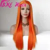 Yüksek kaliteli orta kısım turuncu saç el bağlı sentetik uzun dantel ön peruk siyah kadın ipeksi için düz