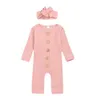 Baby Girls Clothes Infant Solid Buttons Rompers Headband Newborn Long Sleeve Jumpsuits Cotton Bodysuits Pants Onesies Climb Clothes D6483