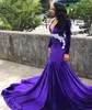 Purple Velvet Mermaid Prom Dresses Deep V Neck Beaded Long Sleeves Evening Gowns Plus Size Formal Dress Wear