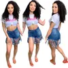 Tassel Denim Shorts 3 Colors Women Casual Elastic High Waist Short Jeans Summer Streetwear Shorts OOA7007-1