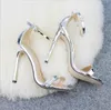 Stor Storlek Kvinnor Designer Sandaler Silver Gold High Heel Ankel Strap Summer Shoes Super Thin Heel Leather Shoes