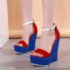 Gorąca sprzedaż-15 cm luksusowe buty damskie czerwone niebieskie wysokie pięty platformy kliny projektant sandały 2018 rozmiar 35 do 40