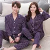 Bzel seda cetim pijama conjuntos casais sleepwear listrado pijama femme manga longa pijama lovers roupas casual casual wear
