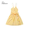 2019 Bebek Yaz Giyim Toddler Çocuk Bebek Kız Sarı Şerit Elbise Giysileri Kolsuz V Boyun Backless Parti Elbise Sundress 1-6Y