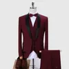 Män kostym 2019 bröllopskläder för män sjal krage 3 stycken smal passform burgundy kostym man kungliga blå tuxedo jacka kostymer