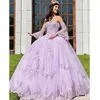 Lavender Lace Beaded Ball Gown Quinceanera Dresses Flare Full Sleeves Off the Shoulder Sweet 15 Dress Plus Size Prom Gowns