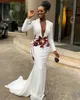 White Mermaid Sexy 2020 African Evening Dresses High Neck Long Sleeves Appliques Prom Dresses Deep V-neck Formal Party Gowns