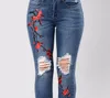 Nakış İnce Lacivert Skinny Kalem Pantolon Moda Kadın Pantolon Jeans Çin Tarzı Floral Womens