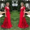 2020 Gorgeous Long Long Bridesmaid Dresses for Wedding Red Deep V-Neck Cap Sleeve Maid of Honor Gowns Chiffon Golvlängd Brudtärna Klänning