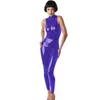 High Quality Shiny Dance Catsuit Zipper Back PVC Jumpsuit Women Sleeveless High Neck Bodysuit Halloween Catwoman Cosplay Costume246t