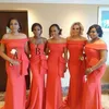 African Coral Mermaid Bridesmaid Dresses 2019 Portrait Neck Floor Length Plus Size Evening Prom Dress Wedding Guest Gowns