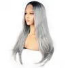 24inch Dark Roots Ombre Grey Pink Green Synthetic Lace Front Wig Heat Resistant Fiber Long Straight Gray Glueless Soft Synthetic Hair Wigs