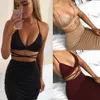 Sexig Sparkly Bandage Bodycon Klänningar Halter Deep V Neck Lace Up Crop Top Two Piece Set Sommar Everning Party Dresses Vestidos