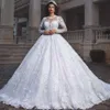 2020 Modest A Line Vestidos de novia Joya Cuello Ilusión Apliques de encaje Cuentas de cristal Manga larga Tren de barrido Espalda sexy Tallas grandes Vestidos de novia