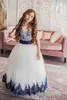Nieuwe elegante baljurk bloem meisje jurk off schouder korte mouw tule kant applique trouwjurk enkel lengte meisje verjaardagsdeel