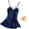 Дамы Sexy Nightdress Шелкового V-образного вырез Цветочных Пижам Нижнего белье Babydoll Nightgown мини рукава Женщина с проложенным ночной рубашкой Бюстгальтер V191213