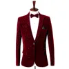 Floral Homens Blazers + Pants Wine Red Velvet Jacket Burgundy paletó Costume Homme Mens Wear Stage