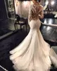 2020 Modest Long Sleeves Mermaid Dresse Lace Applique Sweep Train Chic Illusion Back Covered Buttons V Neck Wedding Brautkleid 401 401