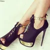 Sandália Olomm Feminina com Plataforma Sexy Salto Alto Stiletto com Amarração Cruzada Peep Toe Preto Sapatos de Festa Feminino EUA Plus Size 5-15