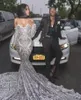 Luksusowy srebrny cekinowy Sukienka na bal matrowanie z długim rękawem dla czarnych dziewcząt Plus size Court Train African Evening Sukienki 2020231I