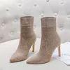 Hot Sale-Style Pointy Toe Sock Stövlar Stickade Stretch High Heels Women Boots 2019 Fashion Ankel Stövlar för Kvinnor Vinterskor