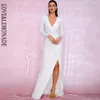 Love&Lemonade Sexy White Deep V-Neck Cut Out Puff Sleeves Glitter Sequins Elastic Material Maxi Dress LM81715 Autumn/Winter CJ191203