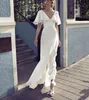 2022 Bridal Gowns Ensotek V-neck Beach Wedding Dresses Vestido Noiva Praia Simple Ruffles Casamento Boho Custom Asymmetrical