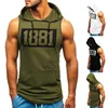 Camiseta masculina fitness muscle shirt sem mangas com capuz top musculação gym tops colete treino t-shirt bolso apertado