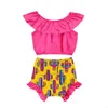 女の赤ちゃん服子供夏の服のセットオフショルダーシャツサボテンプリントショートパンツ2個セットノースリーブラッフル付きショートパンツ衣装ZYQA508