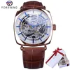 ForSining Brown Watch äkta Leather Fashion Classic Design Mens Watch Top Brand Luxury Blue Hands Royal Automatic Mechanical Wat234o